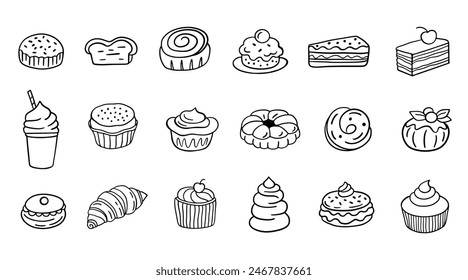 Sweet French Bakery Menu. Dessert Outline Icons, Baked Goods Set. Pastry Clip Art Logo Doodle Sketch Collection, Hand drawn cakes, cupcakes, croissants, pie, pieces and muffins. Vector Illustration