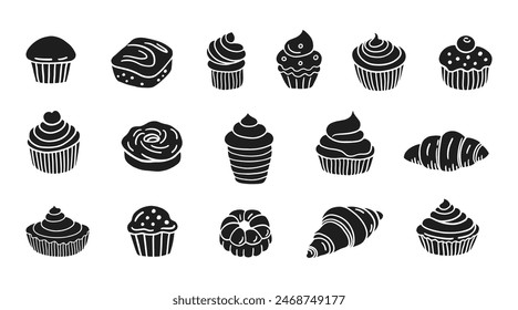 Sweet French Bakery Menu. Dessert Glyph Icons, Baked Goods Set. Pastry Clip Art Logo Doodle Sketch Collection, Hand drawn cakes, cupcakes, croissants, pie, pieces and muffins. Vector Illustration