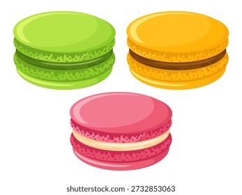 Dulces macarrones franceses. Ilustración vectorial plana de galletas de postre coloridas aisladas sobre fondo blanco