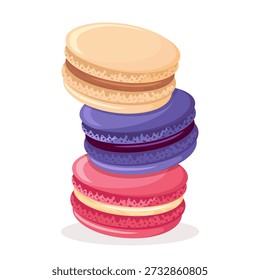 Dulces macarrones franceses. Ilustración vectorial plana de galletas de postre coloridas aisladas sobre fondo blanco