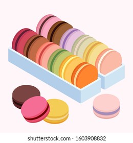 Sweet french macaroons isolated on white background. Colorful macarons in boxes. Isometric vector illustration in flat style.