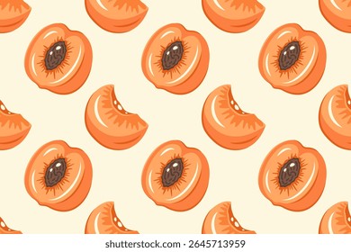 Frutos frescos de alperce, doces. Frutas Padrão sem emenda. Fundo de damasco. Fatias suculentas de damasco maduro. Textura repetível com vitamina laranja. Ilustração vetorial