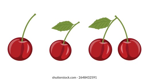 Sweet and fresh cherry berries, vector set on a white background, hand drawn cherry icons
