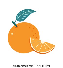 Süße frische Zitrusfrüchte mit Leaf einzelne Vektorgrafik. Slice und ganze saftige Orange. Cartoon-Stil