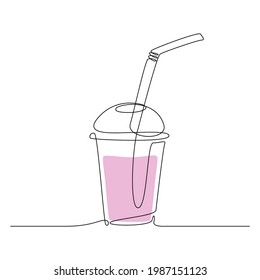 Sweet fresh drink in plastic cup with straw in One continuous line drawing. Strawberry smoothie in transparent mug in lineart style. Editable stroke. Modern vector illustration.