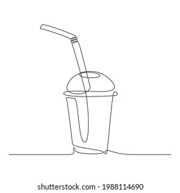 Sweet fresh drink in plastic cup in One continuous line drawing. Vegan smoothie in transparent mug in lineart style. Editable stroke. Modern vector illustration