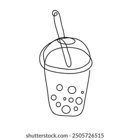 Sweet fresh drink in plastic cup in One continuous line drawing. Vegan smoothie in transparent mug in lineart style. Editable stroke. Modern vector illustration
