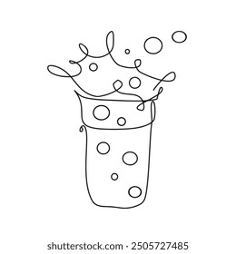 Sweet fresh drink in plastic cup in One continuous line drawing. Vegan smoothie in transparent mug in lineart style. Editable stroke. Modern vector illustration
