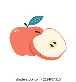 Sweet Fresh Red Apple with Leaf isolated vector illustration. One whole fruit and a half with seeds. Cartoon style