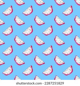 Sweet fresh slice of dragon fruit. Colorful fresh pitaya. Exotic pitahaya seamless pattern. Vegetarian organic summer dessert. Vector cactus.