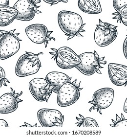 Sweet fresh strawberry seamless pattern. Spring and summer black and white linear berries sketch vector illustration. Hand drawn background, textile print, fabric design or wrapping paper.