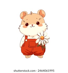 Sweet, friendly, and cheerful little hamster wearing red overalls, with a white daisy. Vector illustration of an adorable creature.