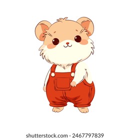 Sweet, friendly, and cheerful little hamster wearing red overalls. Vector illustration of an adorable creature.