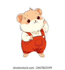 Sweet, friendly, and cheerful little hamster wearing red overalls. Vector illustration of an adorable creature.