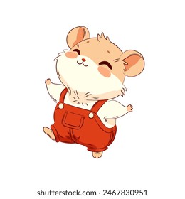 Sweet, friendly, and cheerful little hamster wearing red overalls. Vector illustration of an adorable creature.