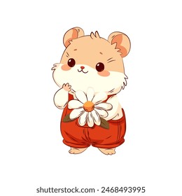 Sweet, friendly, and cheerful little hamster wearing red overalls, with a white daisy. Vector illustration of an adorable creature.