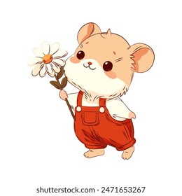 Sweet, friendly, and cheerful little hamster wearing red overalls, with a white daisy. Vector illustration of an adorable creature.