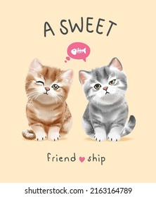 sweet friendship slogan with cute kitten friends vector illustration