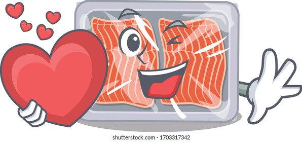 A sweet frozen salmon cartoon character style with a heart