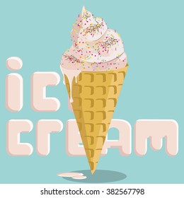 Sweet frozen vanilla colorful milk ice cream covered by chocolate and raspberry fruit topping with soft  cone waffle and big signs