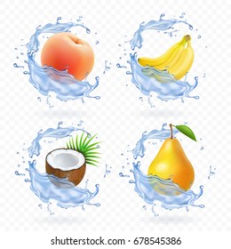 Sweet fruit. Banana, coconut, peach, pear and apricot fresh juice Realistic illustration. 3d vector icons set