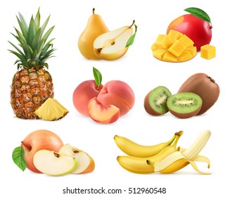 Sweet fruit. Banana, pineapple, apple, mango, kiwi fruit, peach, pear. Whole and pieces. Realistic illustration. 3d vector icons set