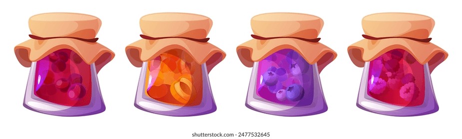 Mermelada de frutas dulces y bayas en frasco de vidrio con tapa de tela. Conjunto de Ilustración vectorial de dibujos animados de mermelada de conserva casera con cereza, albaricoque, arándano y frambuesa. Comida orgánica de gelatina enlatada.