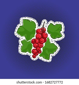 Sweet fruit berry redcurrant sticker on a purple violet pop art halftone background, black dots in the form of a circle , pins or patches, retro style, vector illustration