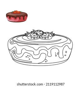 Sweet fruit cake, traditional sweet strawberry cake.. Coloring book for children.