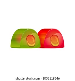 Sweet, fruit candy, soft jelly. Dessert, delicious food, sweets for tea. Gifts for holidays, birthday, christmas. Colorful sweets, sugar candies with fruit filling. Vector illustration isolated.
