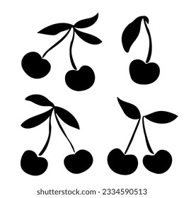 Juego de silueta de cerezo de fruta dulce, baya con ilustración de hojas para el diseño. Aislamiento de vectores sobre fondo blanco para corte láser