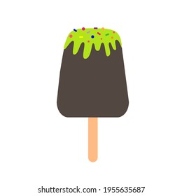 Sweet fruit chocolate ice cream with colored powder on a stick. Delicious frozen dessert on an isolated background. Vector illustration.
