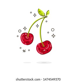 Sweet fruit in doodle style isolated on white background. Vector cute icon. Concept art illustration with red cherry can be used for logo, poster, banner, t-shirt print, emblem, sticker
