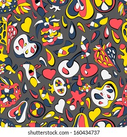 Sweet fruit in the garden with birds continuous seamless pattern.