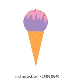 Sweet fruit ice cream in a waffle cone on an isolated background. Delicious frozen dessert. Vector illustration.