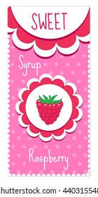 Sweet fruit labels for drinks, syrup, jam. Raspberry label. Vector illustration