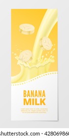 Sweet fruit milk vertical realistic banner 3d vector illustration. Business flyer with banana splash milk isolated on white background.