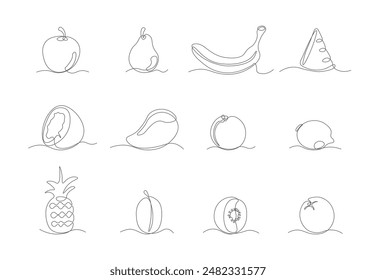 Sweet Fruit One Continuous Line Drawing Sign Emblem Icon Set Include of Banana, Pineapple and Mango. Vector illustration of Simple Linear Style