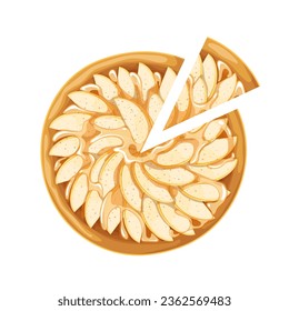 Sweet fruit pie and piece, top view vector illustration. Cartoon isolated whole homemade round sliced tart with pear or apple filling, crust and cream, triangle pie slice for dessert from bakery