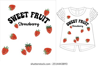 Slogan de fruta doce e ilustração vetor de morangos para t-shirt e outros usos.