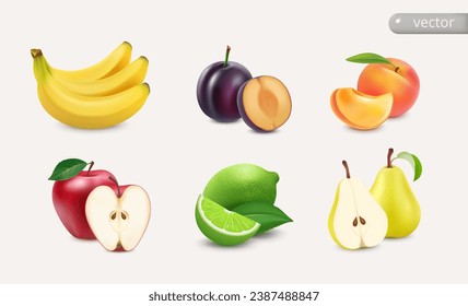 Frutas dulces. Apple, cal, plátano, melocotón, ciruela, pera. 3d objetos vectoriales realistas.