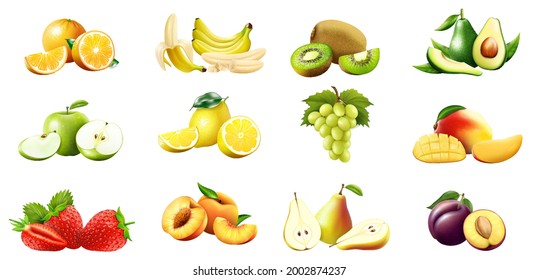 Frutas dulces. Banana, naranja, kiwi, aguacate, manzana, limón, uvas, mango, fresa, melocotón, pera y ciruela, aislados en un fondo blanco. Conjunto de iconos vectoriales 3D. Ilustraciones realistas