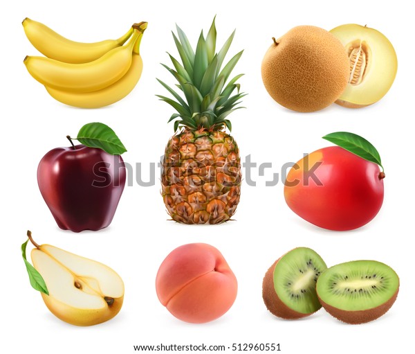 甘い果物 バナナ パイナップル リンゴ メロン マンゴー キウイフルーツ 桃 ナシ 3dベクター画像アイコンセット リアルなイラスト のベクター画像素材 ロイヤリティフリー