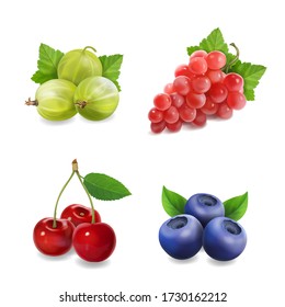 Sweet fruits berries. Realistic red grape, cherry, blueberry and gooseberry Vector illustration.