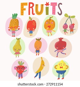 Sweet fruits and berries set in vector. Pineapple, apple, orange, cherry, pear, apricot, pomegranate, strawberry, banana and lemon. Tasty card in cartoon style