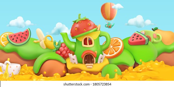 Sweet fruits. Cartoon landscape 3d vector background