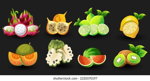 Sweet fruits. dragon fruit, passion fruit, lime, lemon, watermelon, pumpkin, soursop, kiwi, mango, apple, banana, orange, lime. 3d realistic vector object