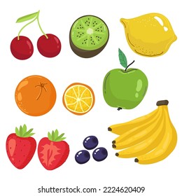 Sweet fruits. Grapes, strawberry, blackberry, cherry, watermelon, pineapple, papaya, mango, apple, banana, orange, lime.   realistic vector objects,