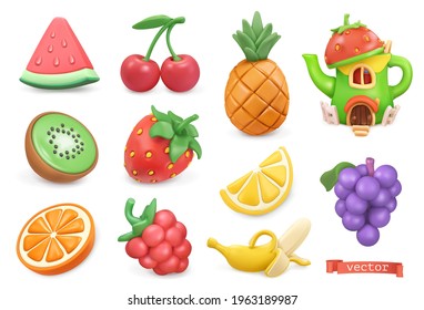 Sweet fruits icon set. Watermelon, kiwi, orange, cherry, strawberry, raspberry, pineapple, lemon, banana, grapes. Plasticine art objects