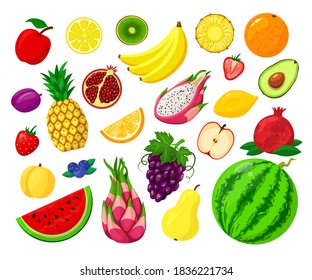 Sweet fruits isolated vector illustration set. Banana, pineapple, apple, mango and kiwi, grapefruit, peach, pear. Whole and pieces tropical vegetarian fruity collection. Healthy organic food.